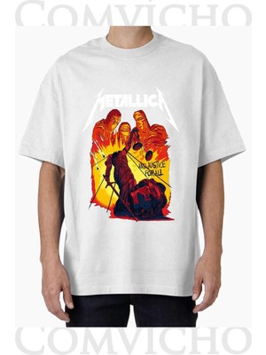 Comvicho Unisex Metallıca V4 Tasarım Baskılı Oversize Tişört