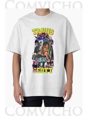 Comvicho Unisex Travıs Scott V7 Tasarım Baskılı Oversize Tişört