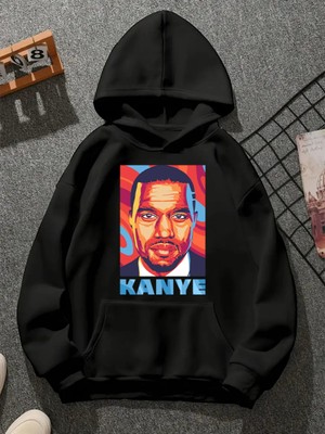 Comvicho Kanye V1 Baskılı Kapşonlu Siyah Sweatshirt