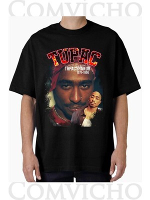 Comvicho Unisex Tupac V31 Tasarım Baskılı Oversize Tişört