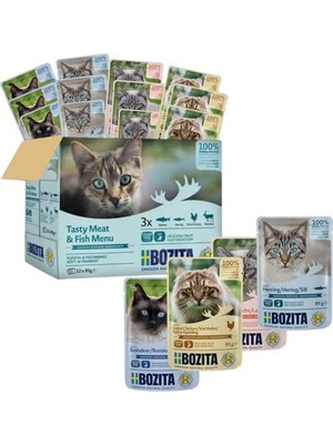 Esranın Dünyası Balık ve Etli Soslu Atıştırmalık Çoklu Kutu 12 x 85 G Pouch - Kediler Için Porsiyon Torbasında Islak