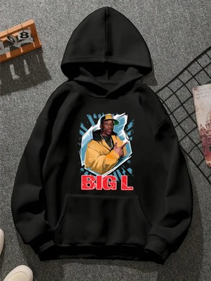 Comvicho Biggie V8 Baskılı Kapşonlu Siyah Sweatshirt