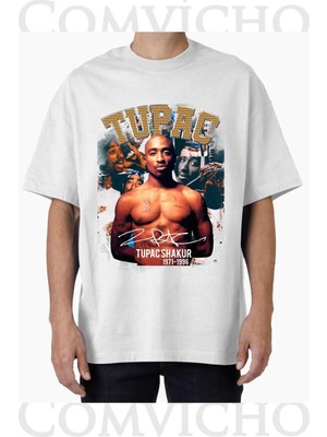Comvicho Unisex Tupac V26 Tasarım Baskılı Oversize Tişört