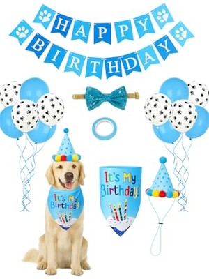 Esranın Dünyası Busstier Köpek Kedi Doğum Günü Seti Bandana Şapka Afiş Parti Dekorasyonu, Şapyon Tasma Aksesuarı, Erkek ve Dişi Evcil Hayvanlar Için (Mavi)