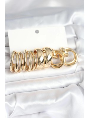 Egecen Mey Ithalat® Pirinç Gold Renk 3 Çift Vintage Kadın Küpe Seti