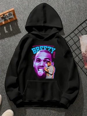 Comvicho Chrıs Brown V1 Baskılı Kapşonlu Siyah Sweatshirt