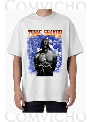 Comvicho Unisex Tupac V39 Tasarım Baskılı Oversize Tişört