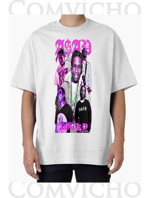 Comvicho Unisex Asap Rocky V4 Tasarım Baskılı Oversize Tişört