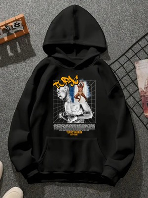 Comvicho Tupac V32 Baskılı Kapşonlu Siyah Sweatshirt