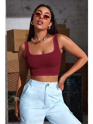 Zenviaa Kadın Bordo Kalın Askılı Crop Top Büstiyer Zenviaamm