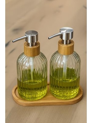 Esranın Dünyası Zbern 2’li Cam Sıvı Sabunluk Seti – Füme Renk, 300 ml Şeffaf Cam Gövde, Doğal Bambu Başlık ve Stand – Modern Pompalı Dispenser – Banyo, Mutfak ve Lavabo Üstü Kullanım Için Uygun