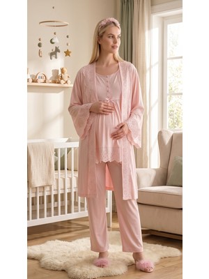 Lohussa Yeni Sezon Pudra Fisto Keten Detaylı Yazlık Tasarım Düğmeli Kısa Kollu Hamile Lohusa Sabahlık Pijama Takımı Seti