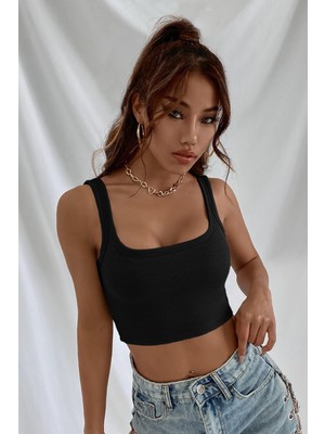 Zenviaa Kadın Siyah Kalın Askılı Crop Top Büstiyer Zenviaamm