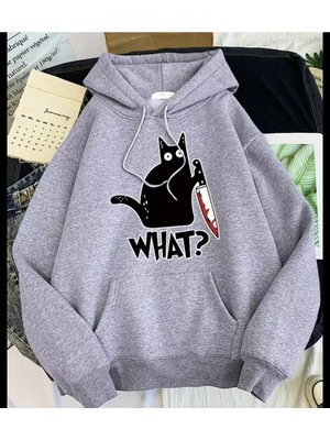 Tarzsokak Özel Tasarım Kapüşonlu What ? Kedi Baskılı %100 Pamuk Süper Oversize Kadın Sweatshı Gri