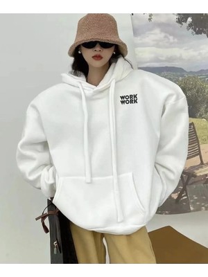 Tarzsokak Büyük Beden Kapüşonlu Work Work Baskılı Tam Kışlık Geniş Oversize Kadın Sweatshırt Beyaz
