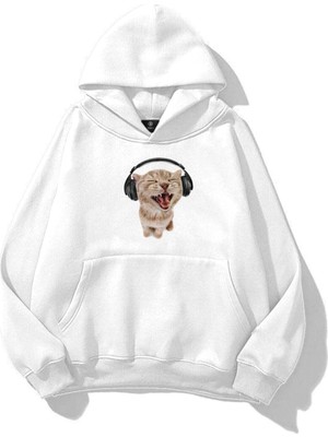 Tarzsokak Unisex Kulaklıklı Kedi Sweatshirt Beyaz
