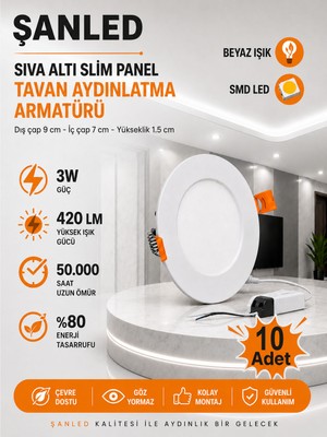 ŞANLED 3W Tasarruflu LED Yuvarlak Beyaz Kasa Beyaz Işık Sıva Altı Slim Panel 10 Adettir