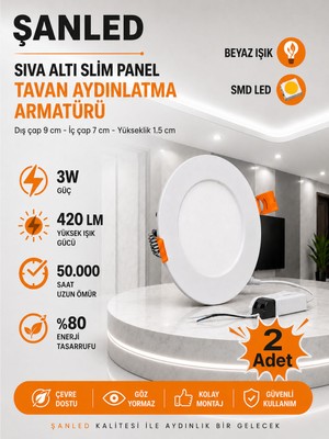 ŞANLED 3W Tasarruflu LED Yuvarlak Beyaz Kasa Beyaz Işık Sıva Altı Slim Panel 2 Adettir