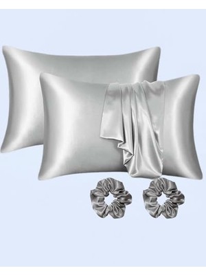 Esranın Dünyası Ipeksi Saten 50X70 cm Yastık Kılıfı 2 Adet, Kıvırcık Saçlar,dalgalı ve Düz Saçlar, Bordo 2 Adet Hediye Saten Toka,cilt Dostıu,cilt Bakım,kozmetik,hediyelik,çeyizlik Kullanılabilir (Gri)