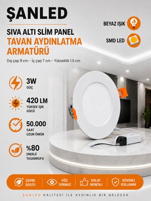 ŞANLED 3W Tasarruflu LED Yuvarlak Beyaz Kasa Beyaz Işık Sıva Altı Slim Panel 1 Adettir