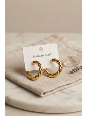 Egecen Mey Ithalat® 316L Çelik Gold Renk Vintage Kıvrımlı Halka Model Küpe
