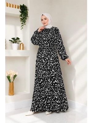 Moda Asi Modaasi Desenli Salaş Kesim Önü Büzgülü Viskon Tesettür Elbise