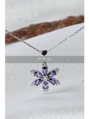 925 Ayar Gümüş Ametist Taşlı Lotus Çiçek Model Zirkon Detaylı Kadın Kolye