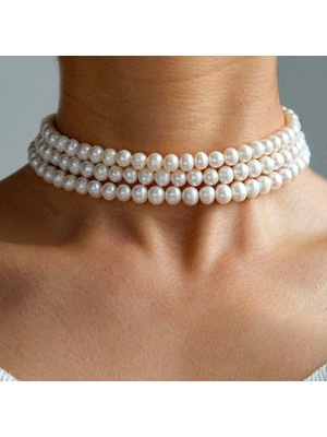Taşmir Sertifikalı Doğal Inci 3'lü Sıra Kadın Choker Kolye - Paslanmaz Çelik Klipsli