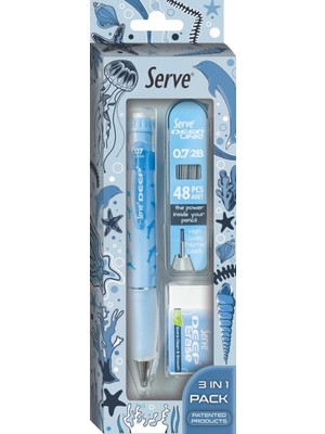 Serve Doğa Desenli Deep Kalem, Deep Silgi ve Deep Min, 0.7 Mm, Gök Mavi