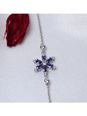 925 Ayar Gümüş Ametist Taşlı Lotus Çiçeği Model Kadın Bileklik(Rodyum)