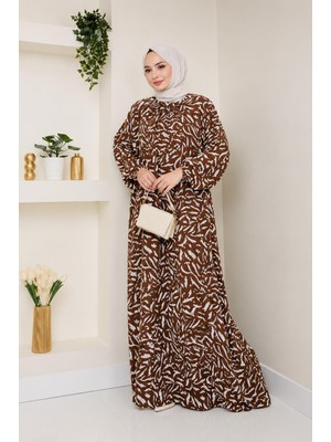 Moda Asi Modaasi Desenli Salaş Kesim Önü Büzgülü Viskon Tesettür Elbise