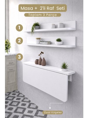 Kydonia Home Duvara Monte Katlanır Masa + 2’li Raf Seti Yer Kaplamaz Çok Amaçlı Masa Mat Beyaz