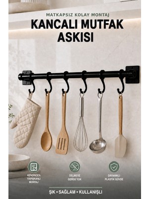 Risingmaber Siyah Yapışkanlı Plastik 6 Kancalı Mutfak Askısı, Fincan ve Havlu Askısı, Çok Amaçlı Organizer Askı MT137S