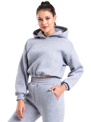 Tarzsokak Kadın Gri Melanj Kapüşonlu Crop Kesim Sweatshirt CY84196