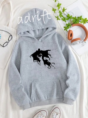 Tarzsokak Unisex Oversize Kapüşonlu Kanguru Cepli Harry Potter Baskılı Gri