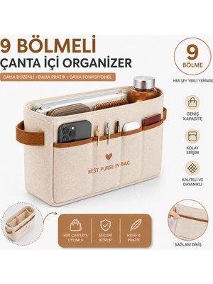 YeferStore 9 Bölmeli Kadın Çanta Içi Düzenleyici Organizer, Makyaj Organizeri ve Kolay Çanta Değiştirme Yardımcısı