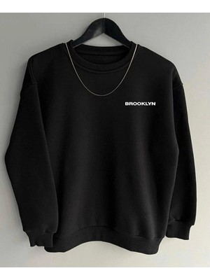 Tarzsokak Siyah Oversize Brooklyn Baskılı Pamuklu Kapşonsuz 0 Yaka Unisex Sweatshirt
