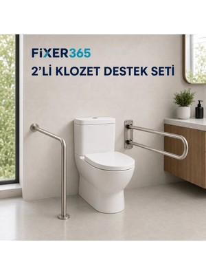 Fixer365 2’li Klozet Yanı Tutunma Barı Seti Paslanmaz L Tipi 75 cm ve Katlanır 73 cm