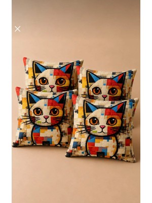 Renkli Kedi Desenli Dekoratif Koltuk Salon Kırlent Kılıfı 43X43 cm 4’lü Set