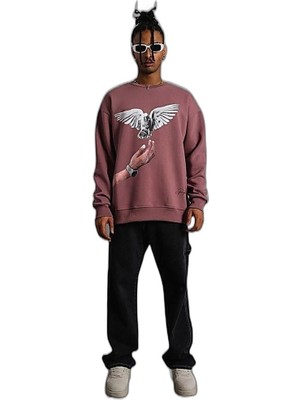 Zamerya Erkek Güvercin Baskılı Bisiklet Yaka Sweatshirt 3 Iplik Pamuklu - Gül Kurusu
