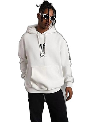 Zamerya Berkek 3 Iplik Pamuklu Kapüşonlu Baskılı Cepli Oversize Sweatshirt Hoodie - Eyaz