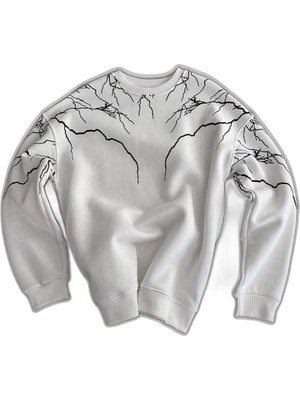 Zamerya Kadın 3 Iplik Pamuklu Yıldırım Baskılı Bisiklet Yaka Sweatshirt - Beyaz
