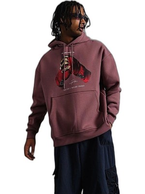 Zamerya Erkek Kapüşonlu Cepli Box Eldiven Baskılı 3 Iplik Sweatshirt Hoodie - Gül Kurusu