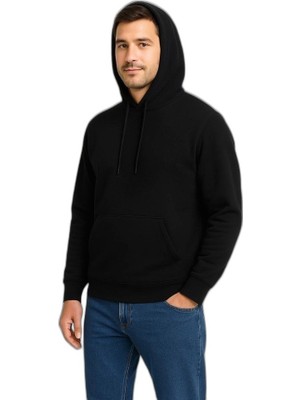 Zamerya Erkek 3 Iplik Pamuklu Kapüşonlu Kanguru Cepli Sweatshirt Hoodie - Siyah