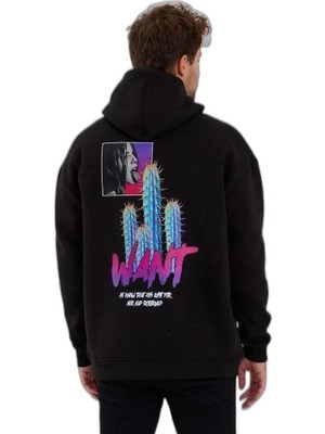 Zamerya Erkek 3 Iplik Pamuklu Kapüşonlu Baskılı Cepli Oversize Sweatshirt Hoodie - Siyah