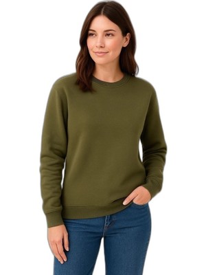 Zamerya Kadın 3 Iplik Pamuklu Düz Bisiklet Yaka Sweatshirt - Haki