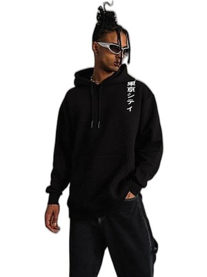 Zamerya Erkek 3 Iplik Pamuklu Kapüşonlu Baskılı Cepli Oversize Sweatshirt Hoodie - Siyah