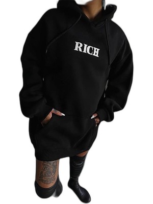 Zamerya Kadın Kapüşonlu Kanguru Cepli Sweatshirt 3 Iplik Pamuklu Baskılı Hoodie - Siyah