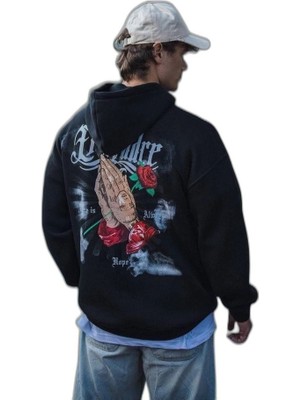 Zamerya Erkek 3 Iplik Pamuklu Kapüşonlu Baskılı Cepli Oversize Sweatshirt Hoodie - Siyah