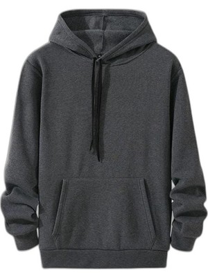 Zamerya Kadın Kapüşonlu Kanguru Cepli 3 Iplik Pamuklu Oversize Hoodie Sweatshirt - Füme
